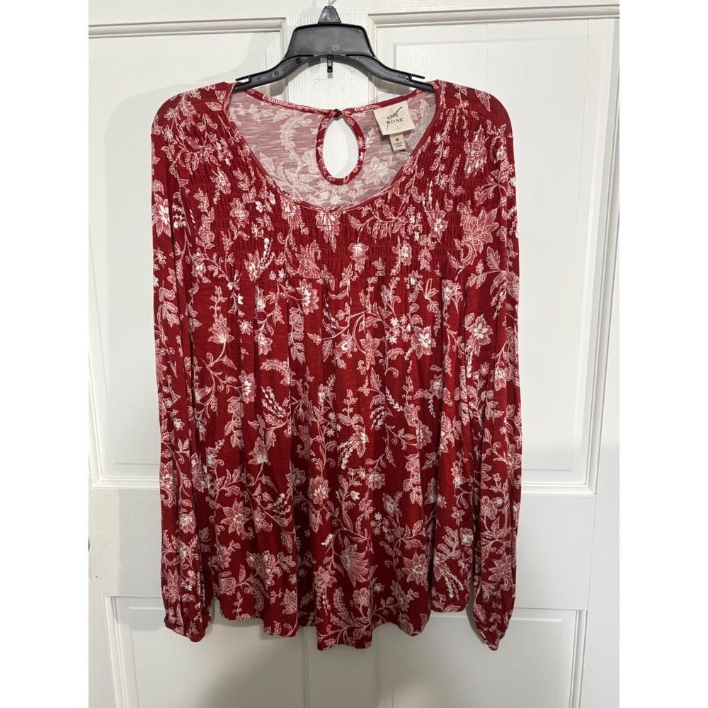 Knox Rose Womens‎  MRed Floral Smocked Long Sleeve Blouse Boho cottage Burgundy